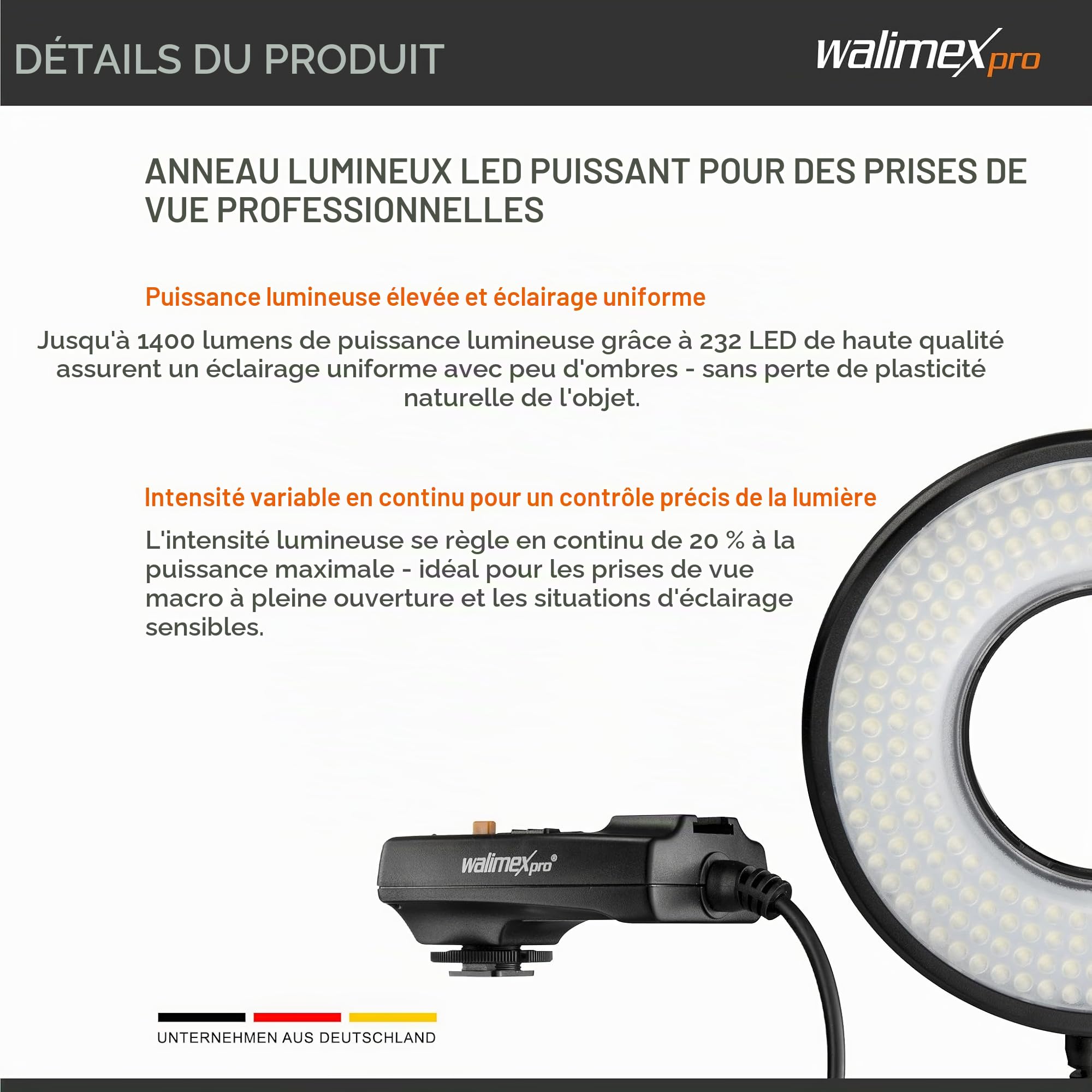 Walimex pro Macro LED Ringlight DSR 232, éclairage annulaire 14 W avec 232 LED, éclairage vidéo à intensité Variable en continu