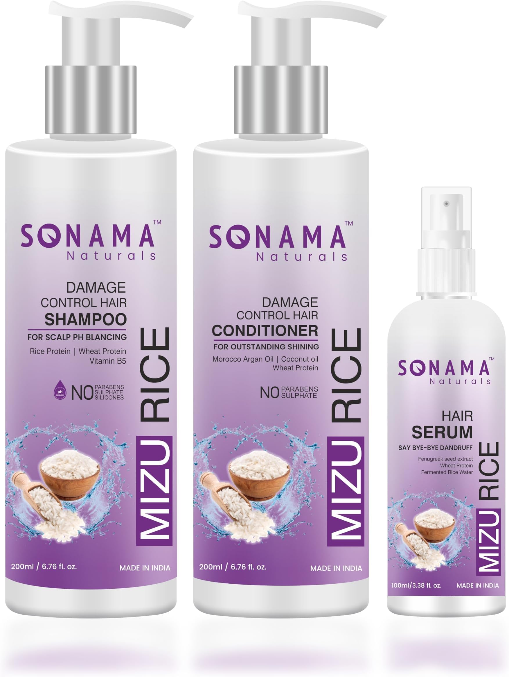 Sonama Naturals Mizu Rice Damage Control Hair Shampoo, Conditioner for Strong & Shiny Hair and Anti Dandruff Hair Serum for Healthy Hair