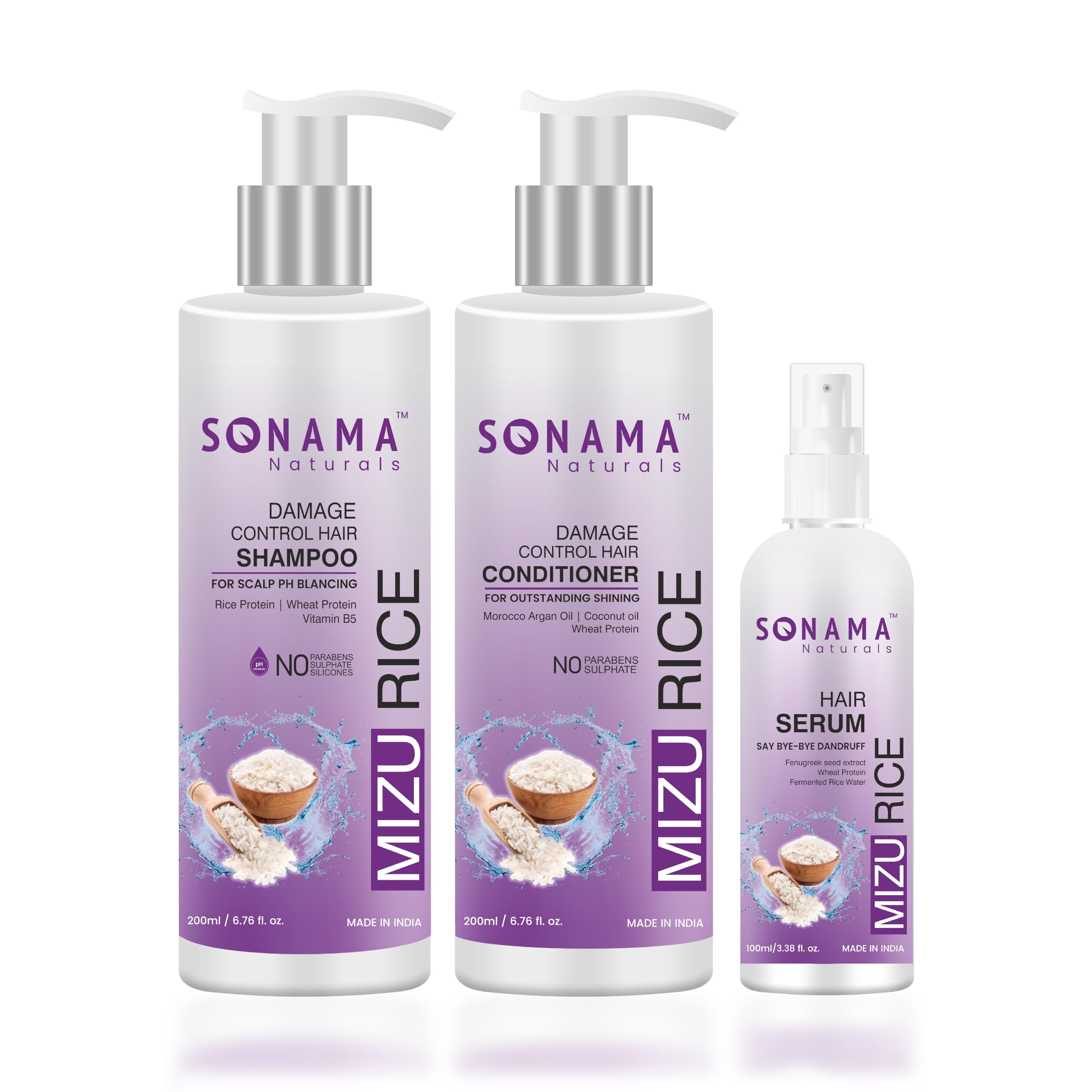 Sonama Naturals Mizu Rice Damage Control Hair Shampoo, Conditioner for Strong & Shiny Hair and Anti Dandruff Hair Serum for Healthy Hair
