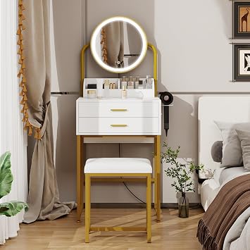 YOURLITE Small Dressing Table with Lighted Mirror, Vanity Desk with Stool
