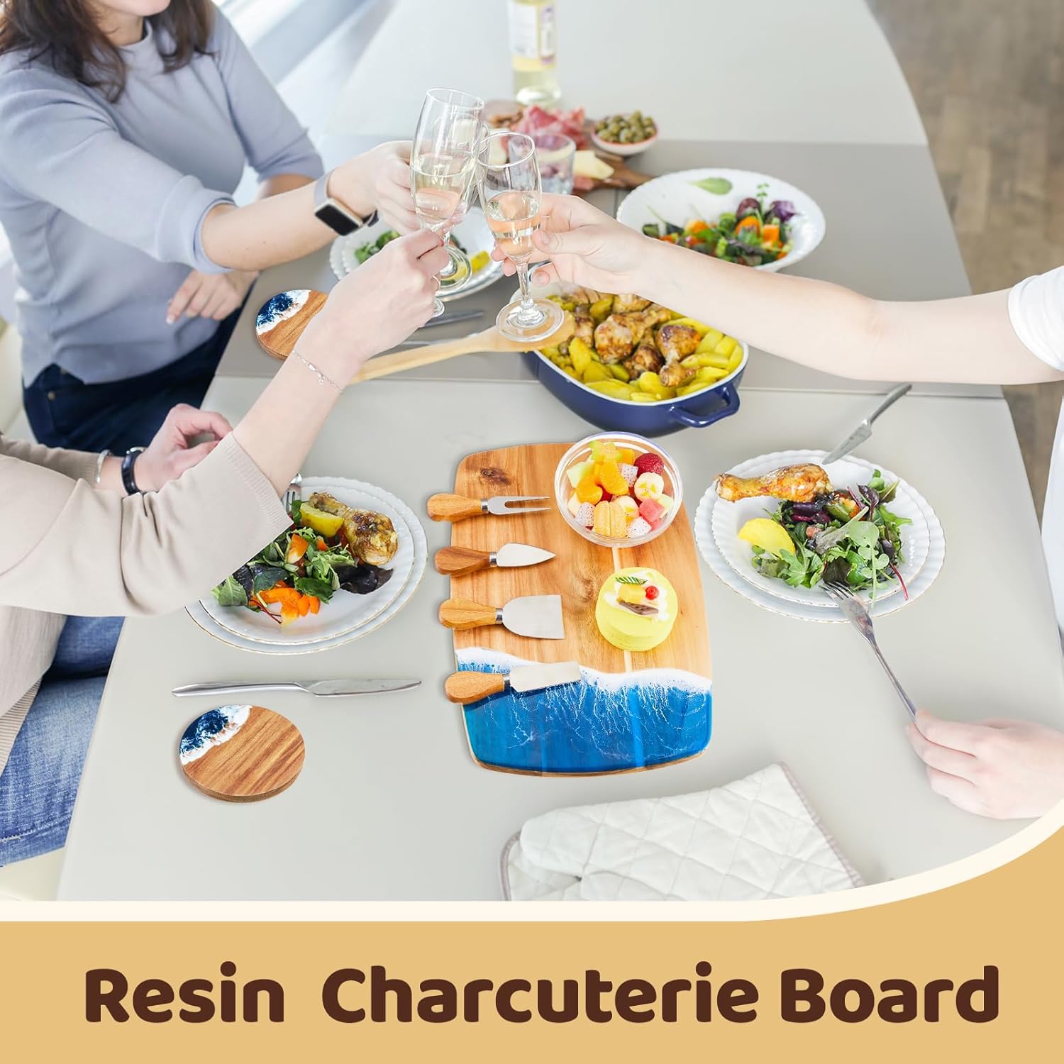 Patelai 9 Pcs Ocean Resin Cutting Board Set with 4 Cheese Knives and 4 Coasters for Wedding Housewarming Gifts, Blue White Wave Pattern Charcuterie Board Kitchen Meal Prep Serving Versatile Cheese