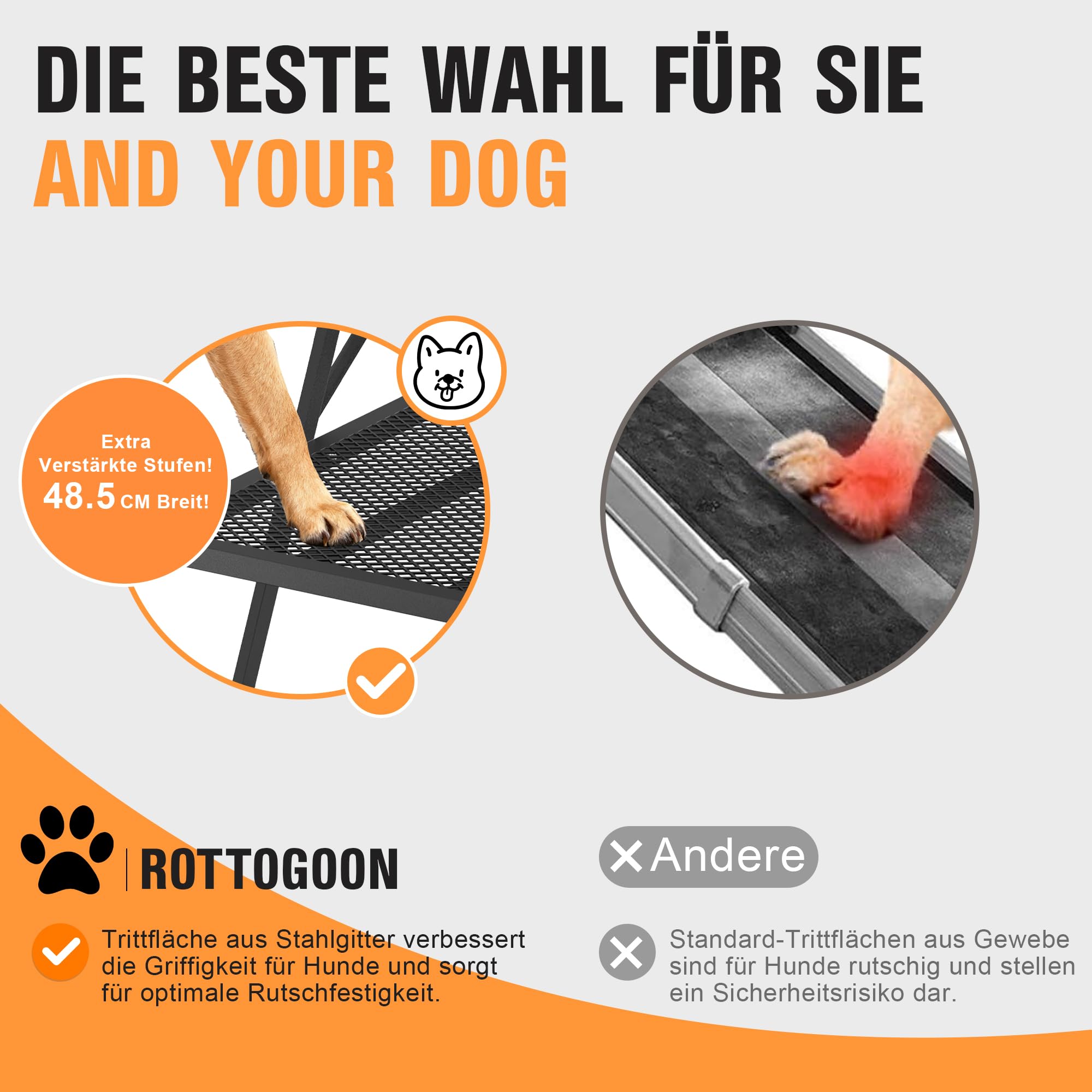 ROTTOGOON Tragbare Haustiertreppe Breite 4-stufige Hunderampe Auto Klappbar | Hundeautotreppe Zusammenklappbare, mit Rutschfester Lochgitterplatte, aus Leichtem Eisen für Auto SUV und LKW