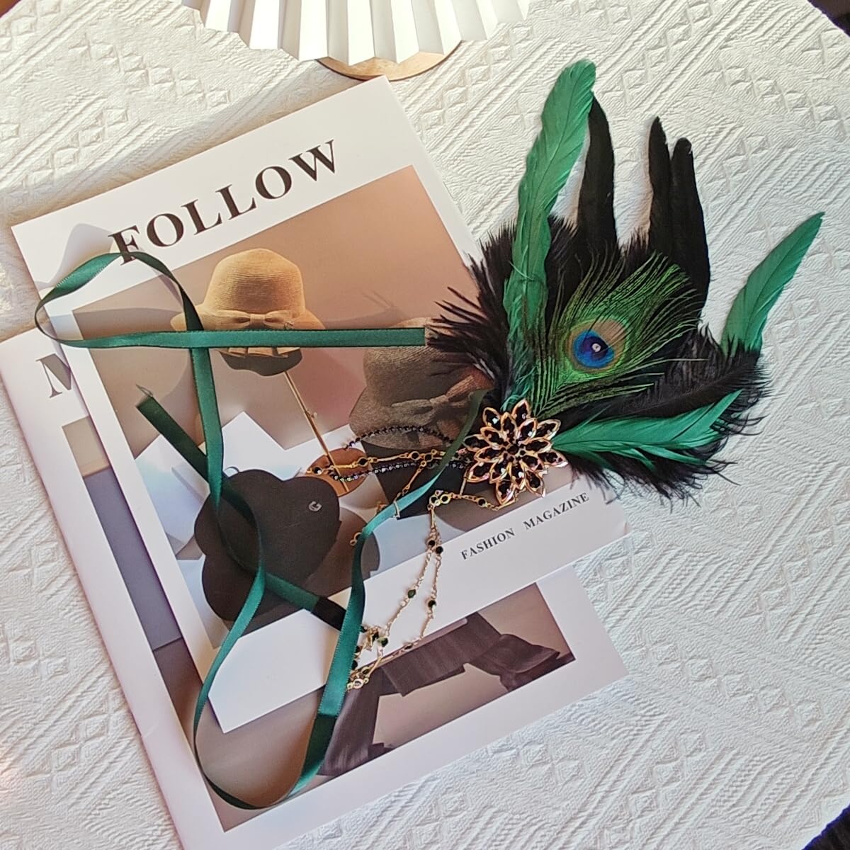 howkuhat Fascinators for Women 1920s Headband Great Gatsby Accessories Women Fascinator Flapper Headband Rhinestones Headpiece Vintage arty Gatsby Headpiece (Green+Black Feather - Image 3
