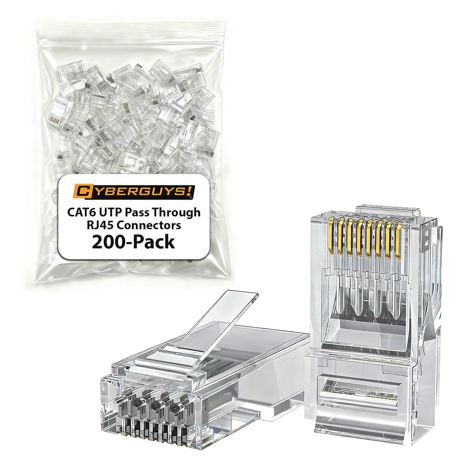 Cyberguys CAT6 UTP Pass Through RJ45 Connectors – 200-Pack Gold-Plated 50μ 8P8C Modular Plugs, Supports 24–25AWG Ethernet Cables, 10Gbps High-Speed Network Ends, Easy Install with Crimp Tools 200-Pack