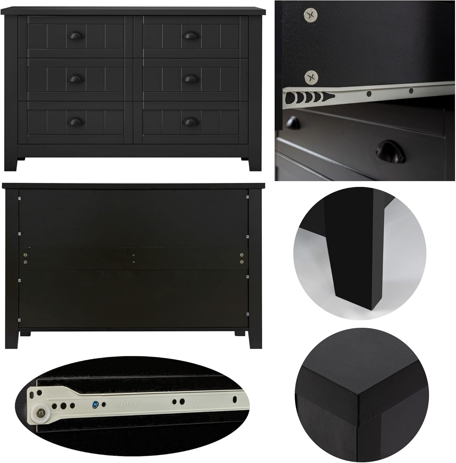 Wood 6 Drawer Dresser,Mid Century Modern Chest of Drawers for Living Room,Black Dressers with Shell Handle