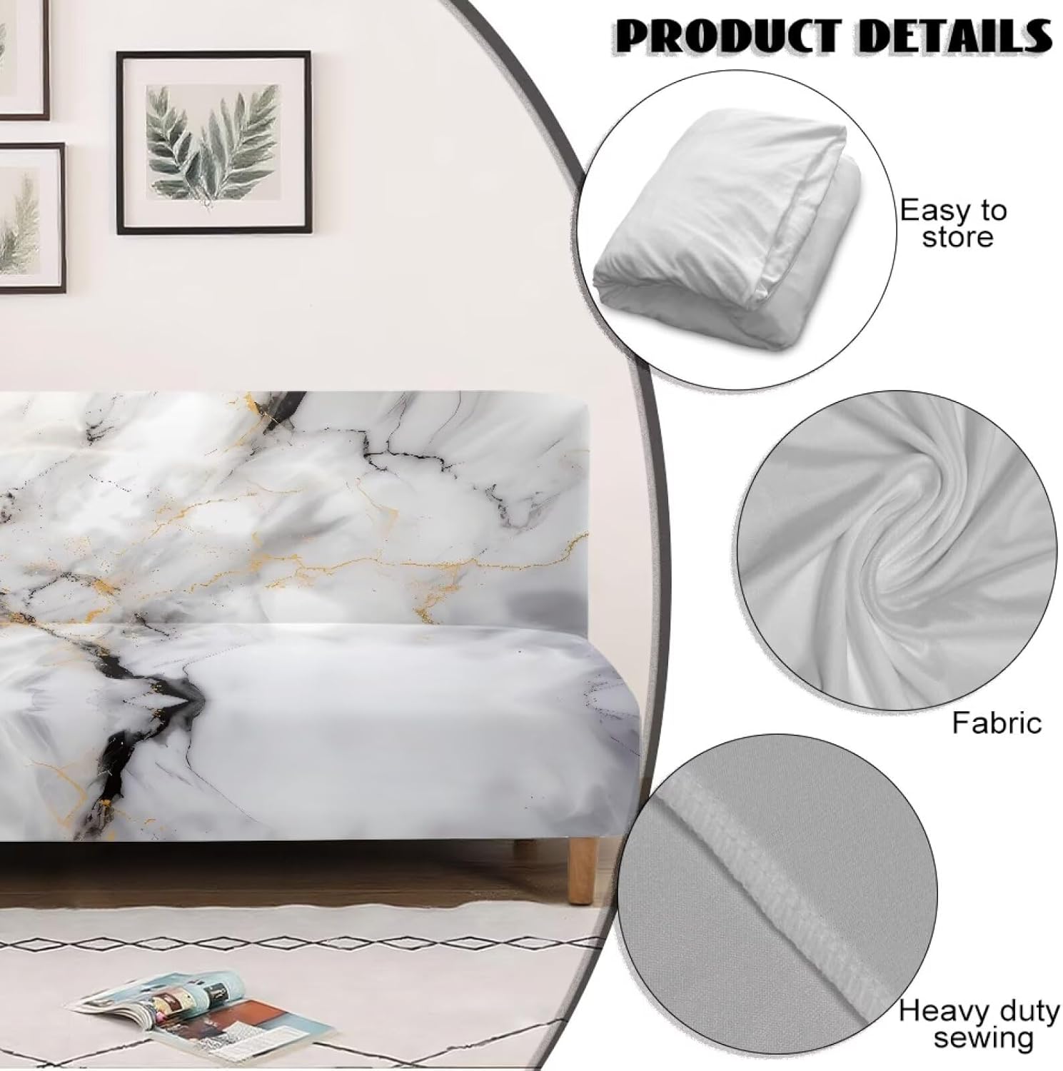 Marble Print Gray White Stretch Armless Futon Cover Futon Slipcover Anti Slip Sofa Bed Cover Furniture Protector with Elastic Bottom, Machine Washable