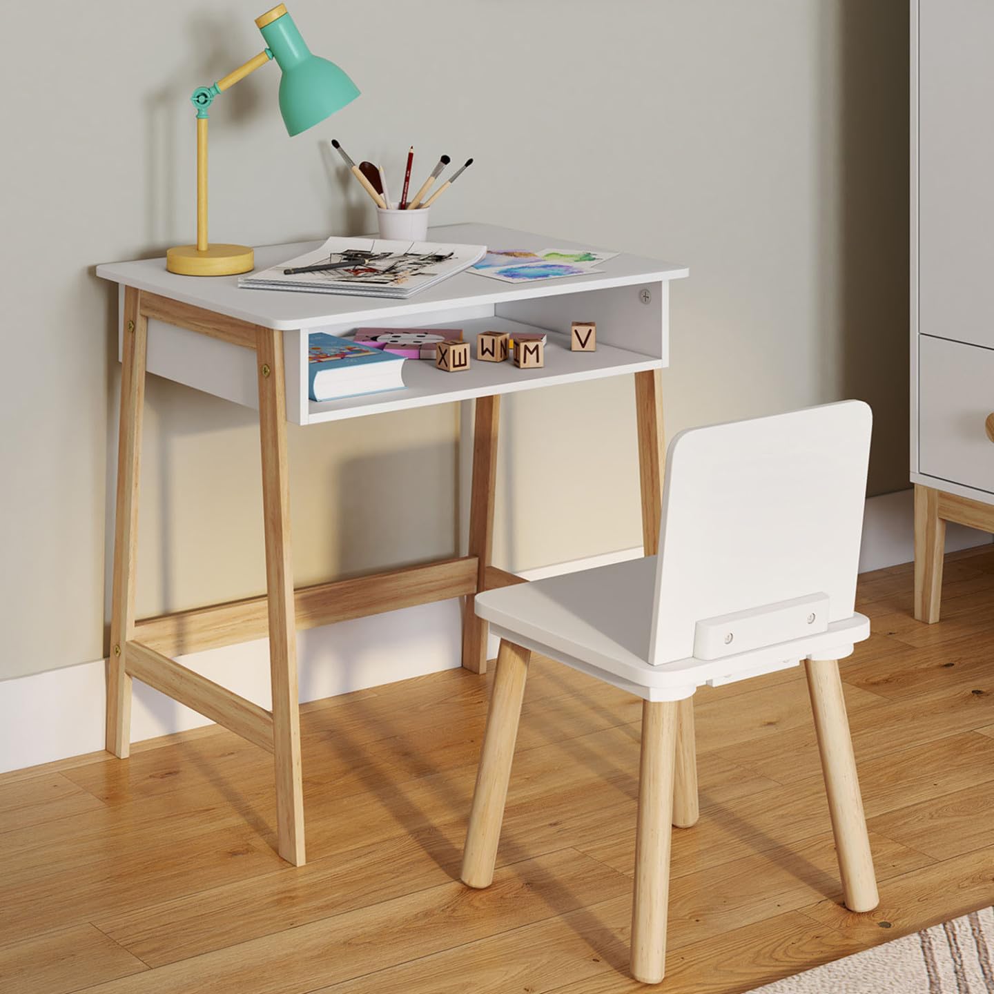 IDMarket - Set da scrivania + 1 sedia per bambini ANATOLE con nicchia bianca e legno