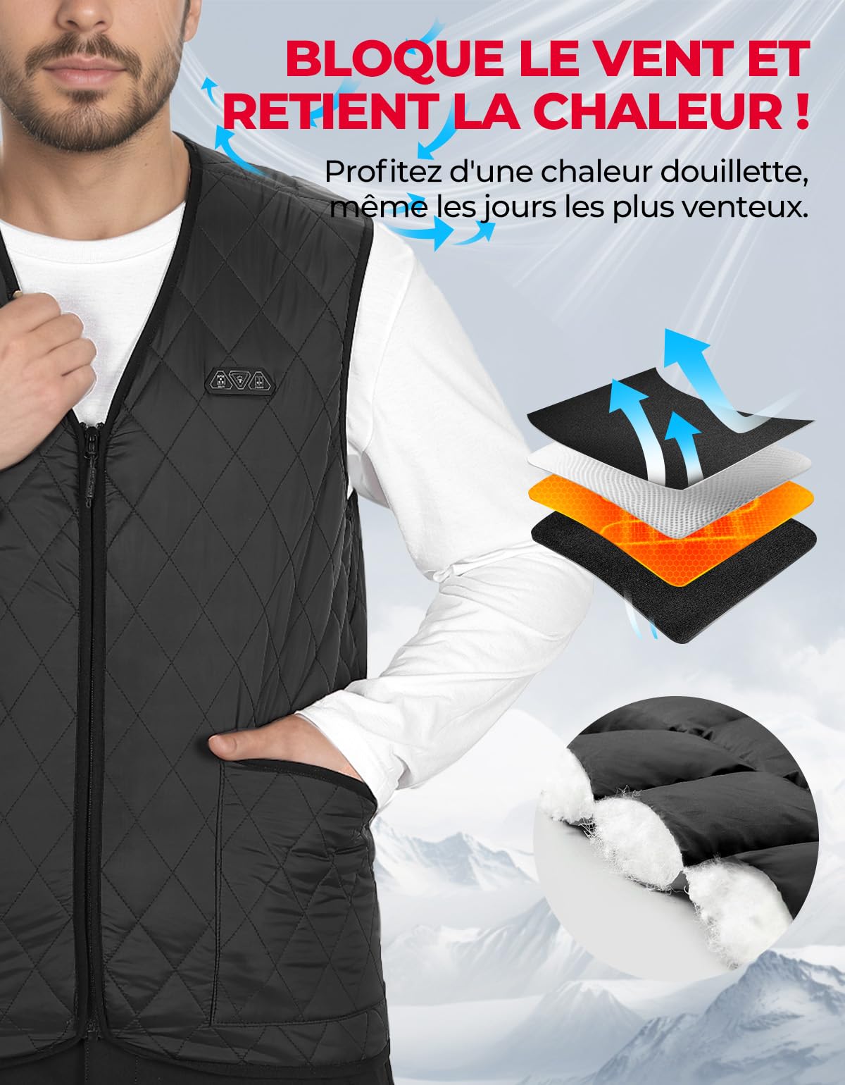KEMIMOTO Gilet Chauffant Hommes, Double Contrôle 8 Zones de Chaleur, Veste Chauffante Homme Thermique Intelligent avec Col en V, 3 Niveaux de Chaleur Idéal pour L'hiver (Sans Batterie)