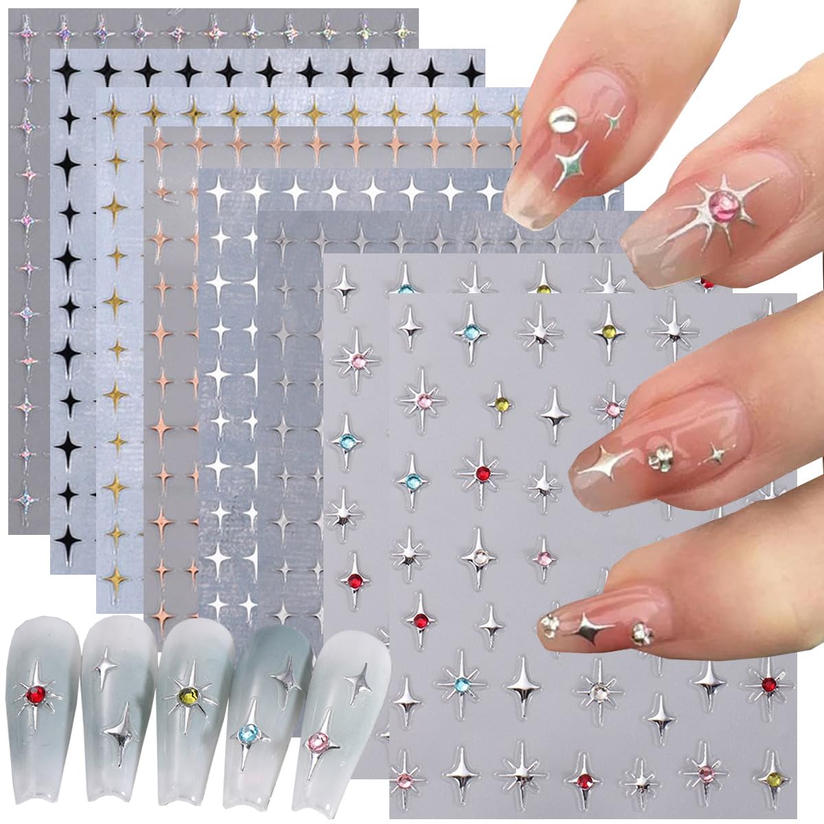 8Sheets Shiny Glossychic Stars Nail Stickers 3D Glitter Gold Black White Starshine Cross Rhinestones Silver Star Design Self-Adhesive Decals Luxury 5D Nail Art Stickers Star Charms Nail Decoration