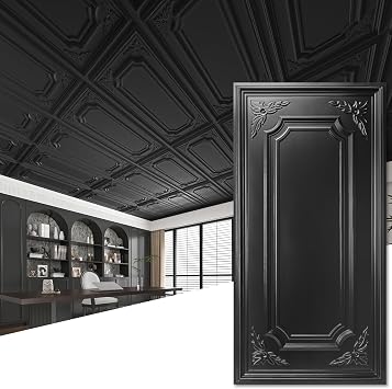Art3dwallpanels Drop Ceiling Tiles, 2x4 Ft, 12 Pack, 24x48 Inch, Black | PVC Decorative 3D Wall Panel, Glue Up Ceiling Covering, For Basement Kitchen Bathroom, Cover 96 Sq. Ft