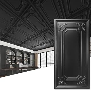 Art3dwallpanels 12 Pack Drop Ceiling Tiles, 2x4 Ft PVC Decorative 3D Wall Panel, Glue Up Ceiling Covering Panels for Basement Kitchen Bathroom, 24x48 Inch, Cover 96 Sq. Ft, Black