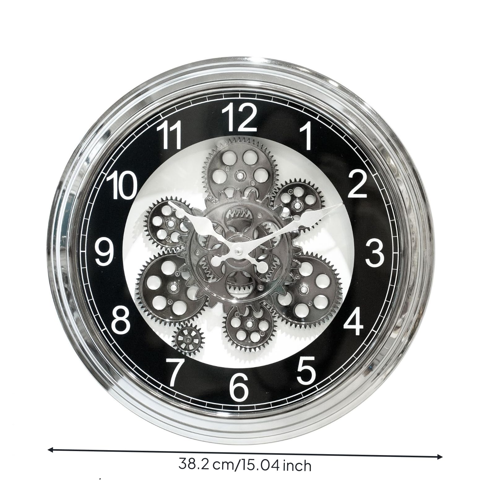 Reloj de Pared Analógico Redondo con, Reloj De Pared con Engranajes Visibles, Números Arábigos, Esfera Negra Y Marco Plateado