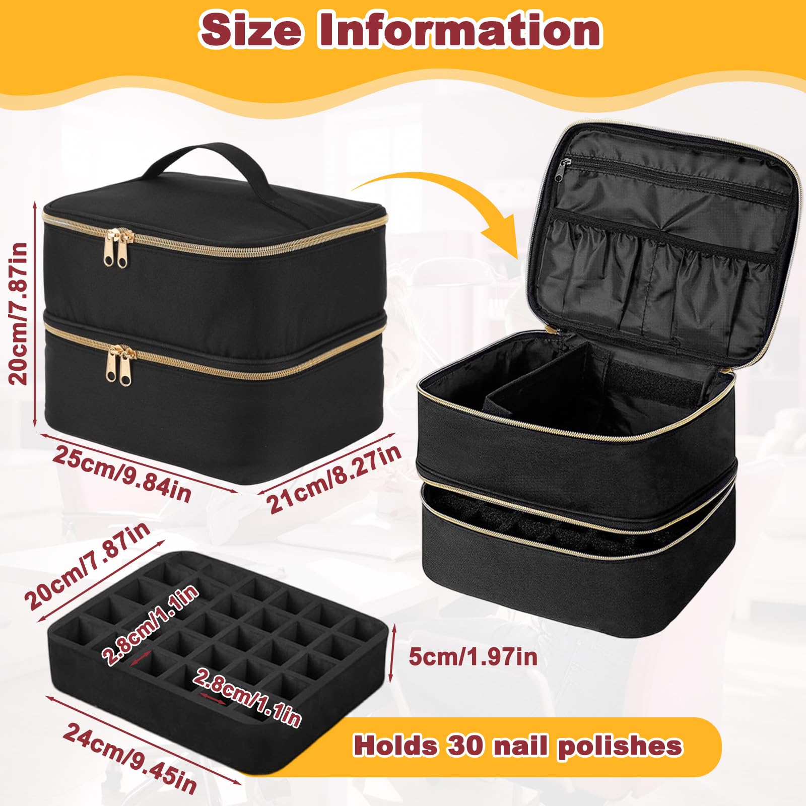 Porta Smalti Organizer Doppio Strato con Maniglie e Divisori Regolabili, Trousse da Viaggio Portatile Nera Capiente per Unghie 30 Flaconi, Pennelli Trucci, Rossetti e Prodotti Bellezza