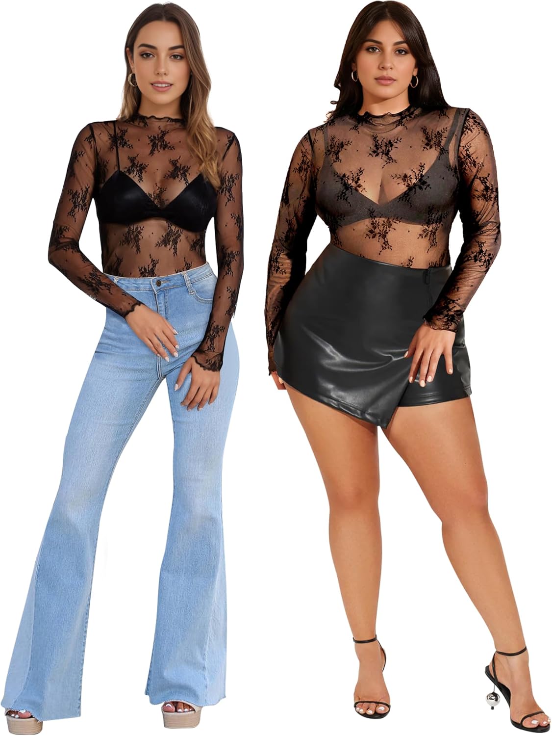 Buauty Mesh Bodysuit for Women Lace Body Suits Women Long Sleeve Sheer Mesh Top See Through Mock Neck Sexy Clothes - Image 4