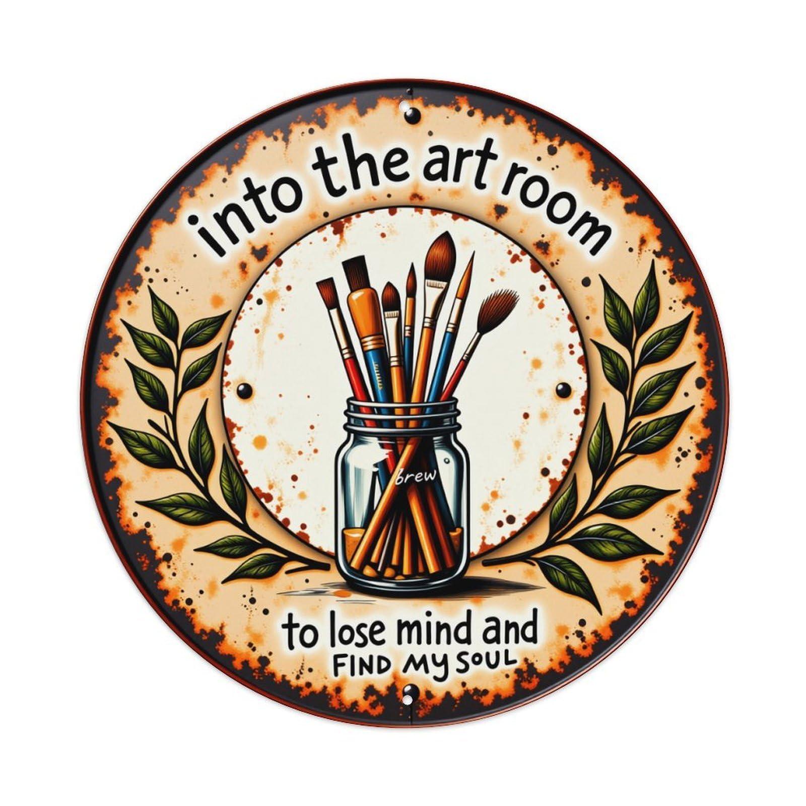 Art Brush Jar Leaves Circle Metal Tin Sign Vintage Garden Bedroom Cafe Bar Man Cave Home Wall Decor Metal Poster 8x8 inches