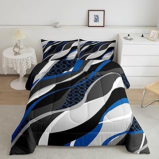 Manfei Blue Grey Comforter Set Twin Size, Abstract Wavy Stripes Circle Bedding Set 2pcs for Kids Boys Bedroom Decor, Modern Geometric Down Comforter Soft Polyester Quilt Set with 1 Pillowcase