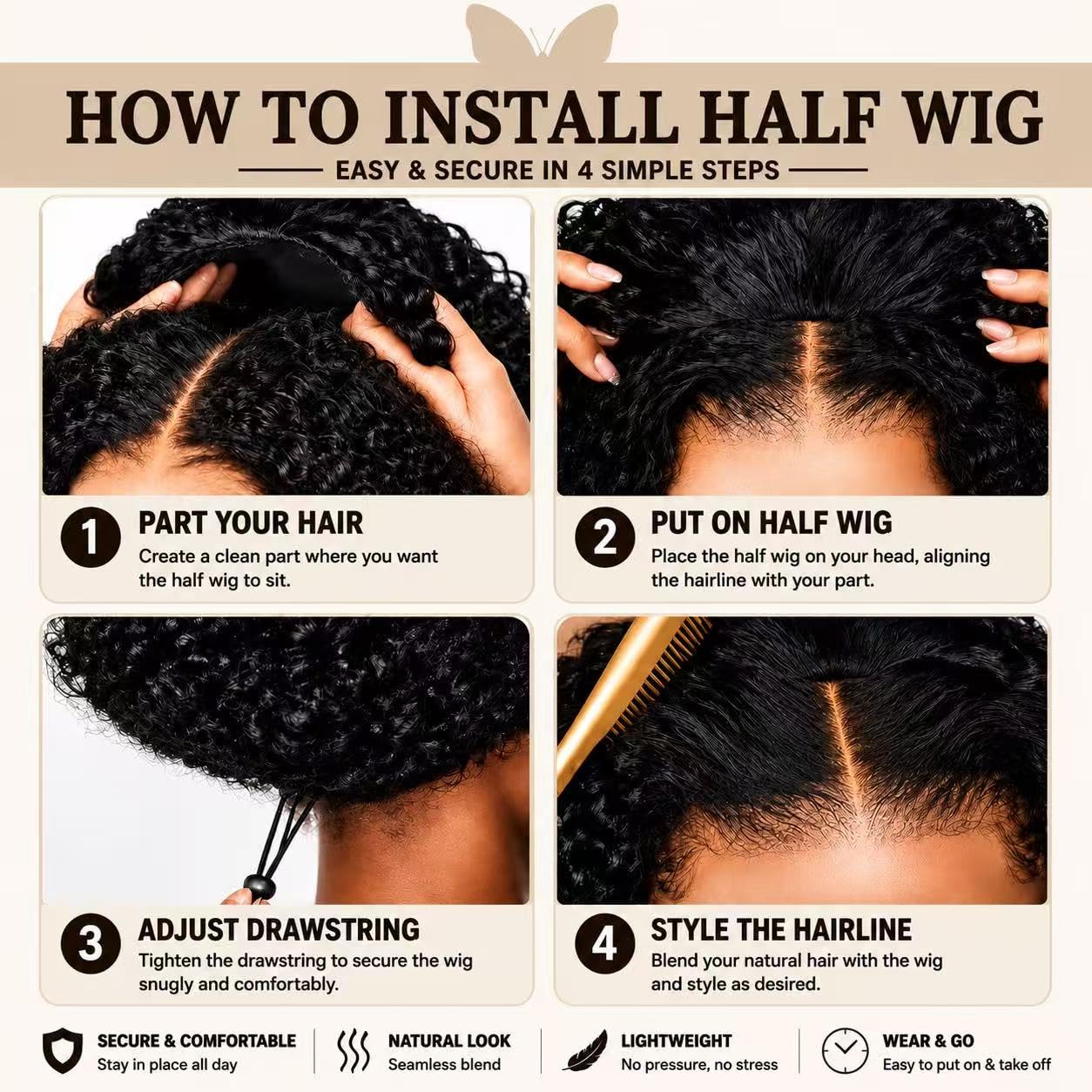 Kinky Curly Half Wig Human Hair 3 In 1 Glueless Drawstring Seamless Flip Headband Wig, 200% Density, Wear & Go, Beginner Friendly, Multiple Hairstyles for Black Women, Natural Black 18 Inch