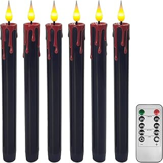 Flameless Taper Candles with 3D Flickering Effect Blood Dripping & 10-Key Remote，Taper Candles Battery Operated for Halloween Spooky Horror Home Decoration - Set of 6 Black(0.8" x 10")
