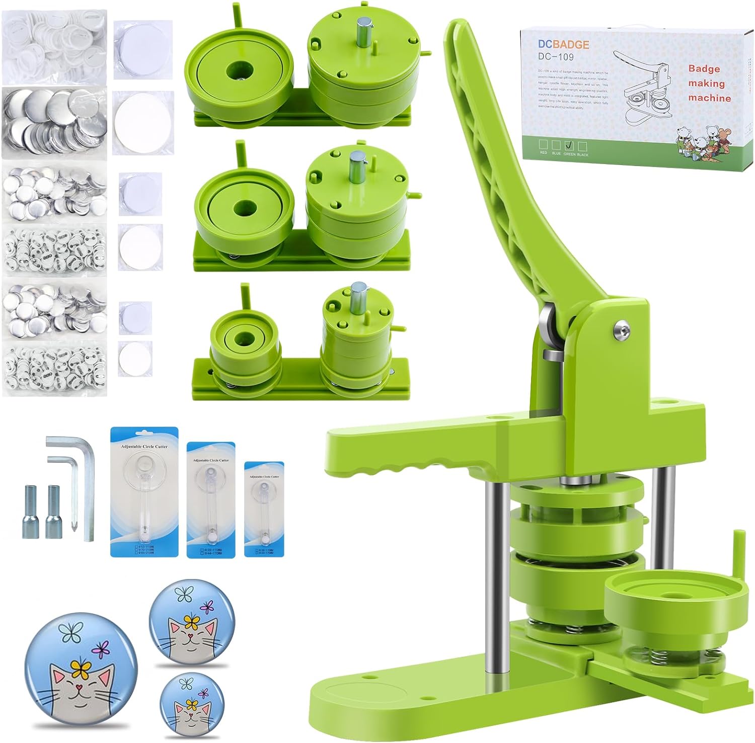 Button Maker Machine Multiple Sizes, DIY Pin Maker Button Press Machine 1.25+2.25+3 Inch, Removable Button-Model Button Maker Kit with 300 Pcs 32mm+58mm+75mm Button Supplies&Circle Cutter
