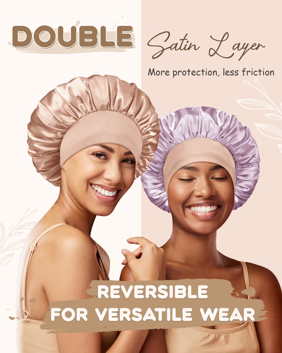 BONNET QUEEN Reversible Satin Bonnet for Sleeping Women, Adjustable Double Layer Silk Sleep Cap, Soft Night Hair Bonnet for Curly Hair Protection, Champagne & Gray Rose Gold - Image 4