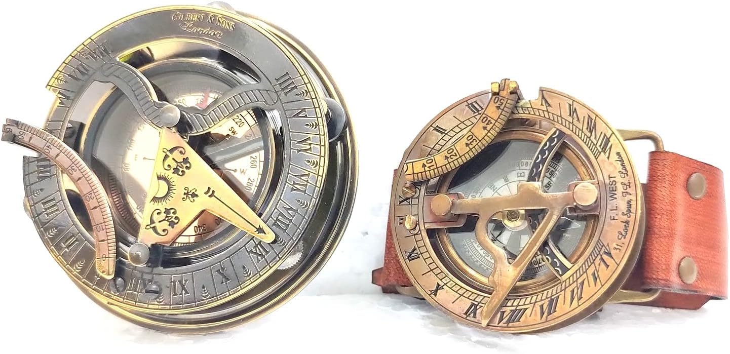 Antyczny mosiężny zestaw kompasu słonecznego, 7 cm żeglarski steampunk, styl zegarka na rękę ze skórzanym paskiem