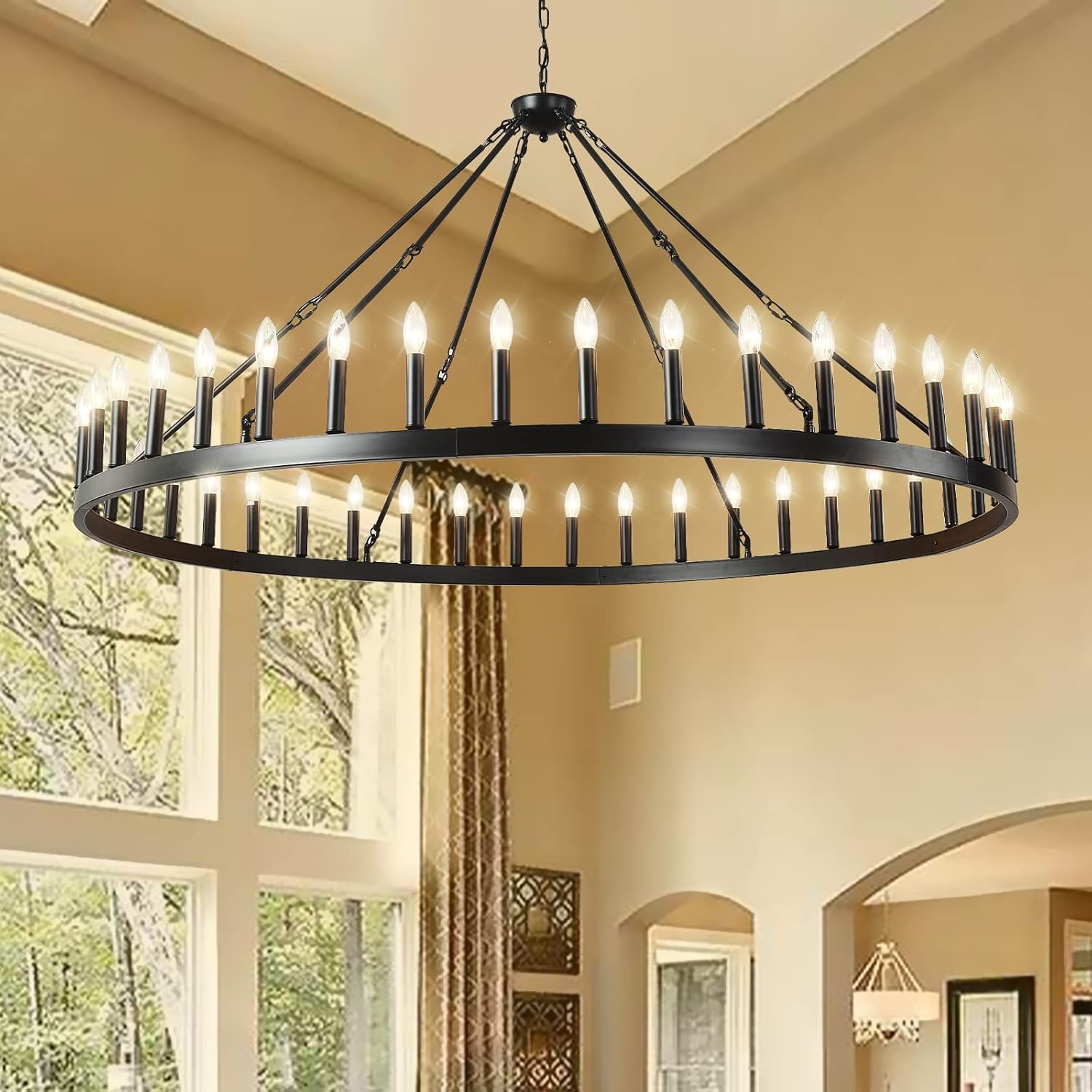 64 Inch Black Extra Large Wagon Wheel Chandelier, 42-Lights Farmhouse Industrial Round High Ceiling Pendant Light Adjustable Chain, for Dining Room, Living Room
