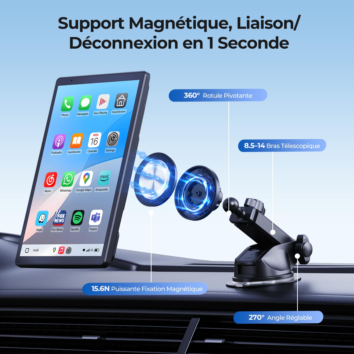 Écran Portable 8'' pour Apple CarPlay & Android Auto, Affichage HD 1440x900, Support Magnétique, Mises à Jour OTA, Modes Portrait et Paysage, Caméra de Recul, Bluetooth, Contrôle Vocal, Navigat
