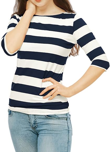Amazon | [Allegra K] ボーダー tシャツ トップス ストライプ 横縞 五 