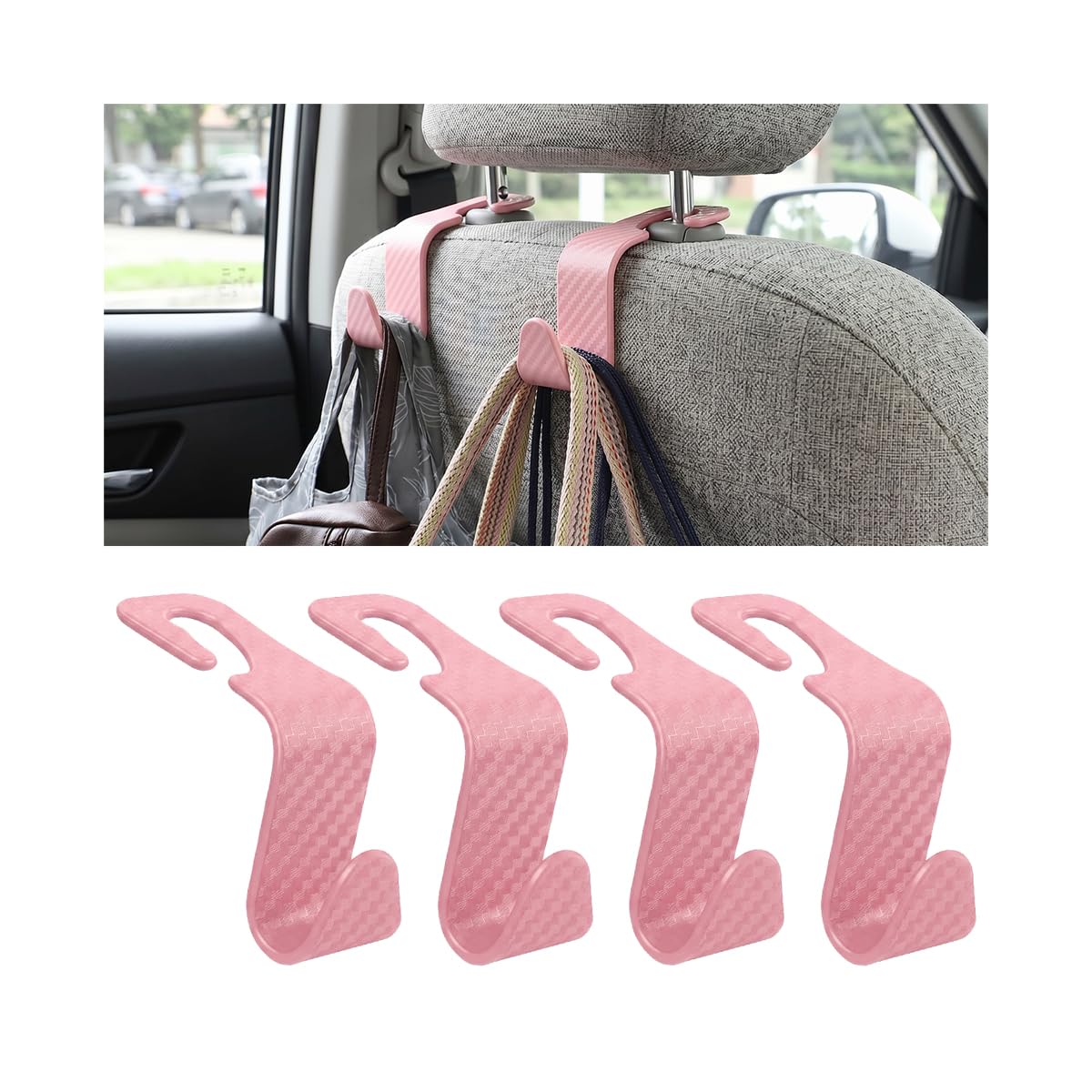 4 Pack Headrest Hooks for Vehicle Seats, Carbon Fiber/Pink