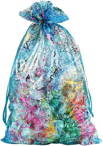 Miniatura 9 de Zwish Paquete de 50 bolsas de regalo de organza de 8 x 12 pulgadas, estilo azul coral para juguetes, dulces, chocolate, fiesta, Navidad, regalo de