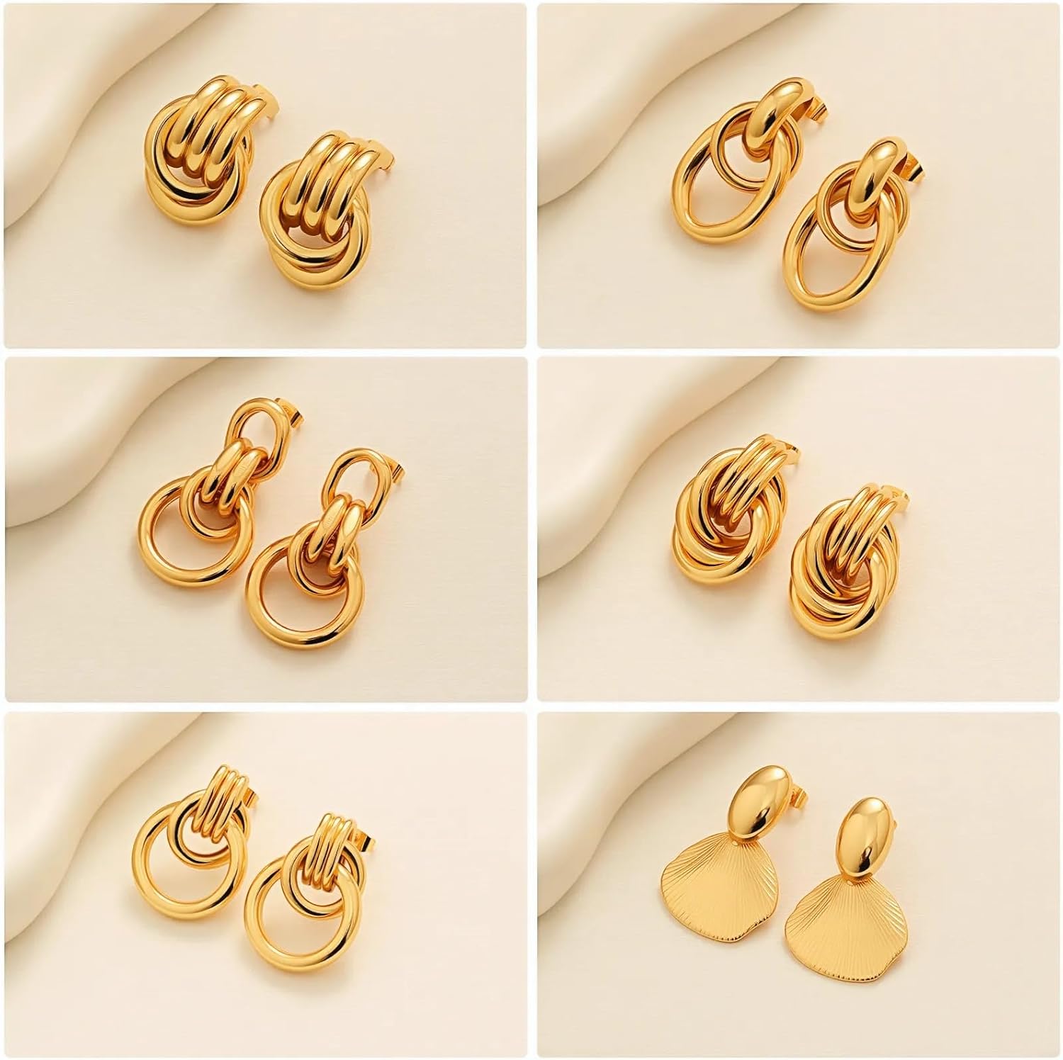 6 Pairs Gold Earrings for Women, 14 K Gold Plated Knot Earrings for Women Hypoallergenic Thick Lightweight Earring Set Jewelry for Gifts.