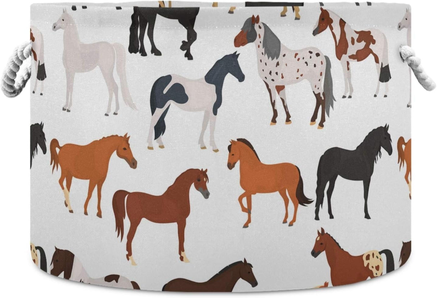 Oyihfvs Multicolored Horse Breeds Round Storage Basket Bin, Waterproof Laundry Hamper, Large Collapsible Bucket, Baby Nursery Organizer with Handles for Bathroom Toys Clothes