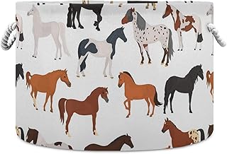 Oyihfvs Multicolored Horse Breeds Round Storage Basket Bin, Waterproof Laundry Hamper, Large Collapsible Bucket, Baby Nursery Organizer with Handles for Bathroom Toys Clothes