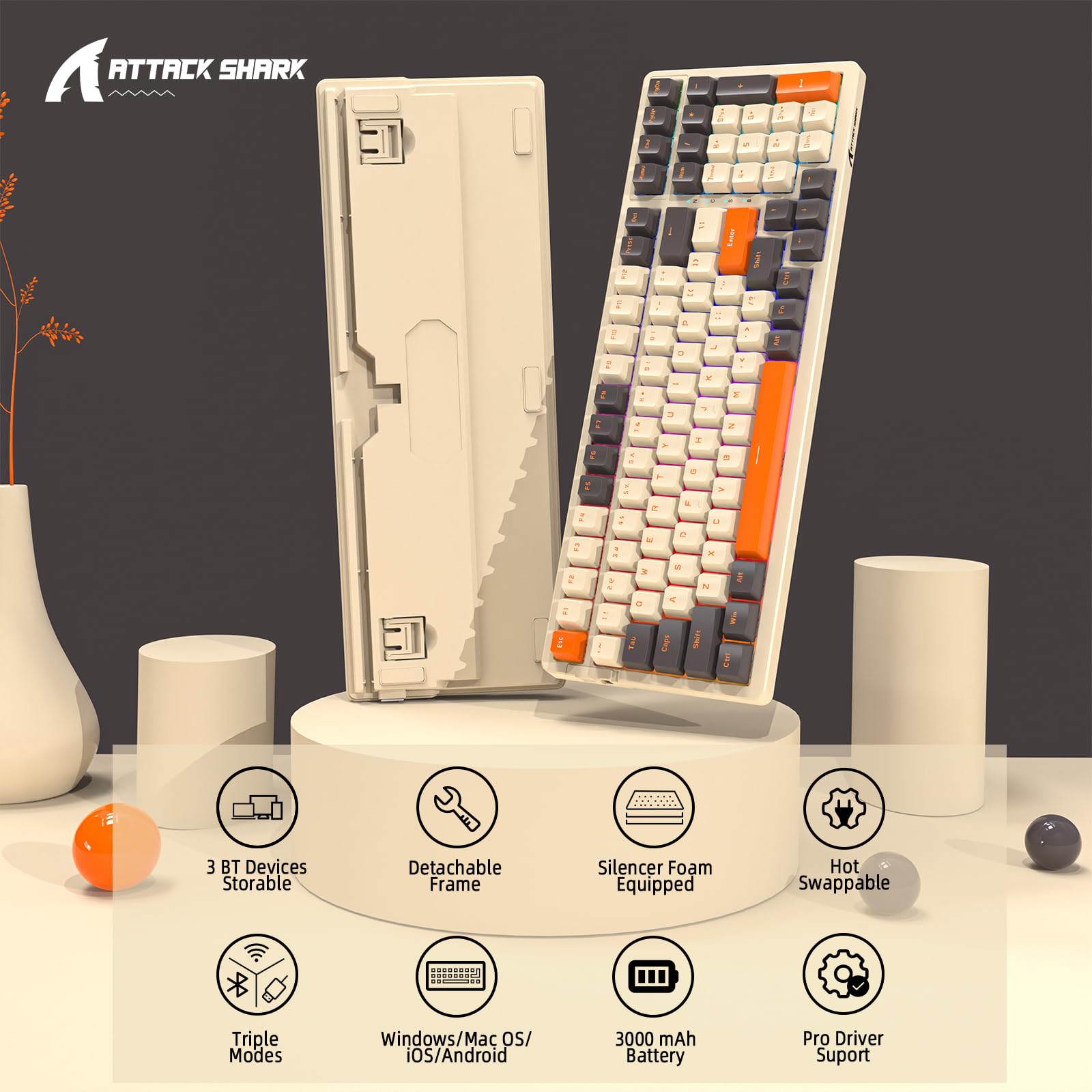 Attack Shark K98 Mechaniczna Klawiatura Gamingowa z Wymiennymi Switch'ami, 100 Klawiszy, BT5.0/2.4G/Przewód USB C, Bateria 3000mAh, Programowalne Podświetlenie RGB - Zmierzch (Żółte Switch)