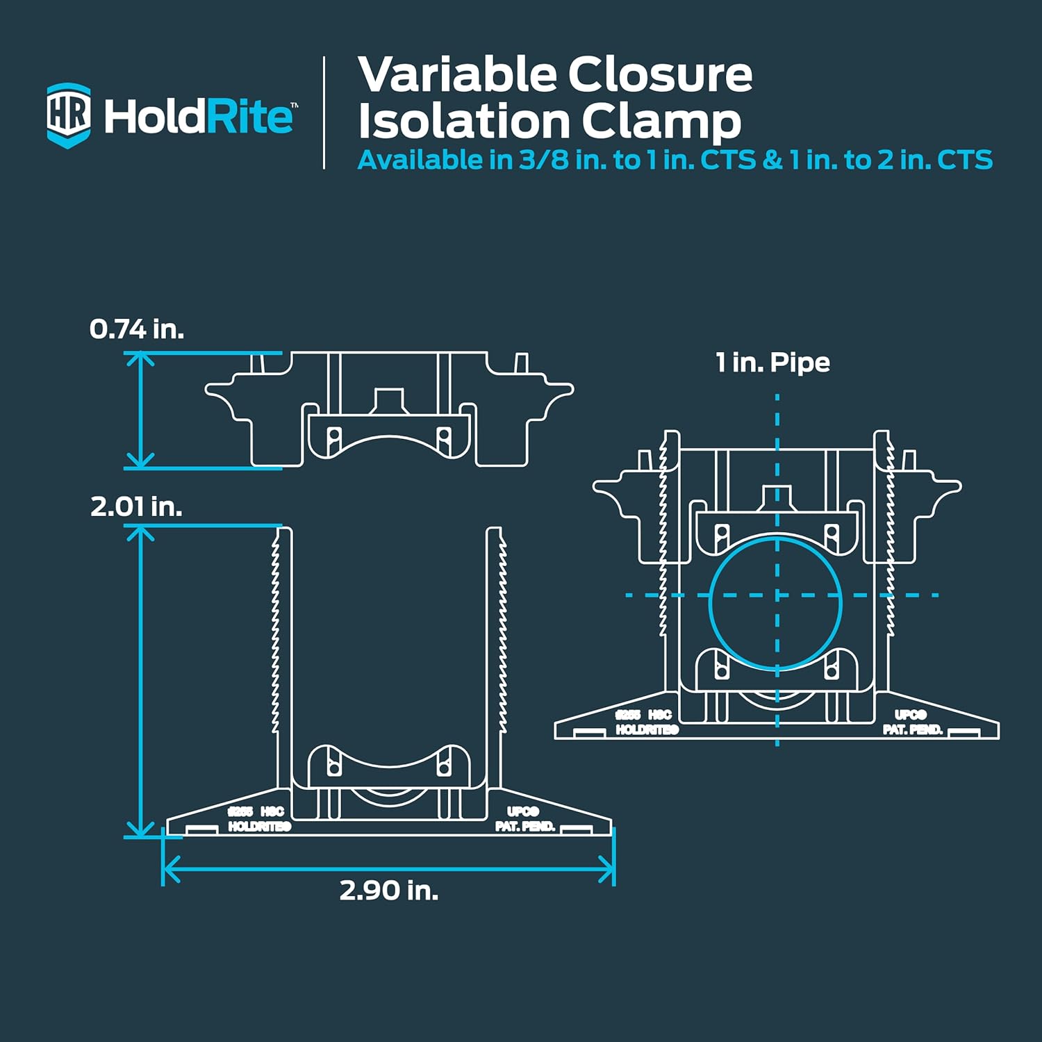 HoldRite 3/8 Inch x 1 Inch Silencer Variable Closure Pipe Clamp, PEX, PE-RT, Copper, CPVC, 255-H