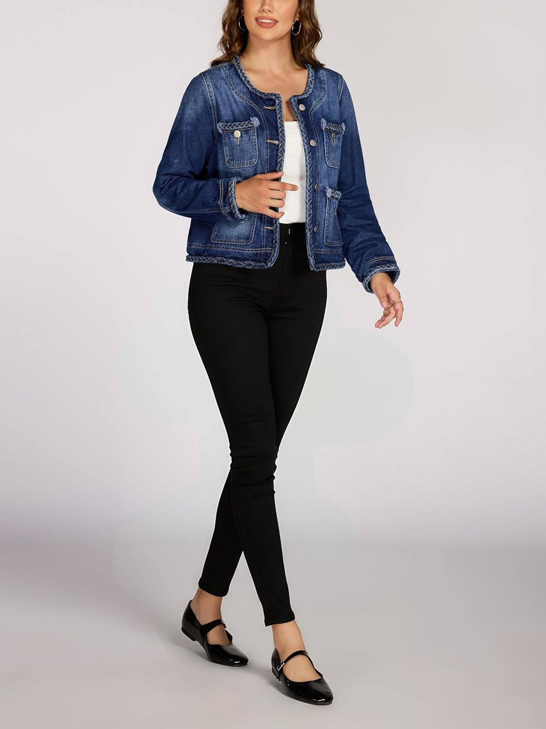 Ladyful Braided Trim Denim Jacket for Women Collarless Button Down Long Sleeve Cropped Jean Coat Outerwear - Image 3