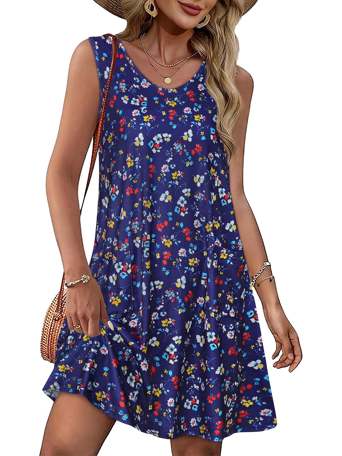 Womens Summer Dresses Casual V Neck Sleeveless Pockets Beach Loose Sundress | 2026 Loose Tank Sun dres with pockets, Casual Beach Cover Up, Fashion Vacation Outfits, Tshirt Floral Boho A-Line Flow Dress