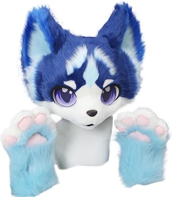 Royal Blue Fox Fursuit Furry Head Paws Fluffy Handmade Animal Costume Set for Cosplay Halloween Fursona Outfit