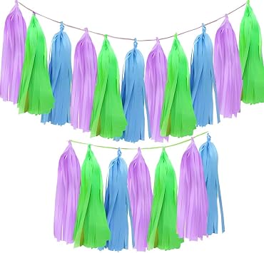 Blue Green Purple Paper Tassel Garland - Vibrant Tri-Color Handmade Paper Tassels for Party Decorations, Wedding Backdrop, DIY Crafts 30-Pack