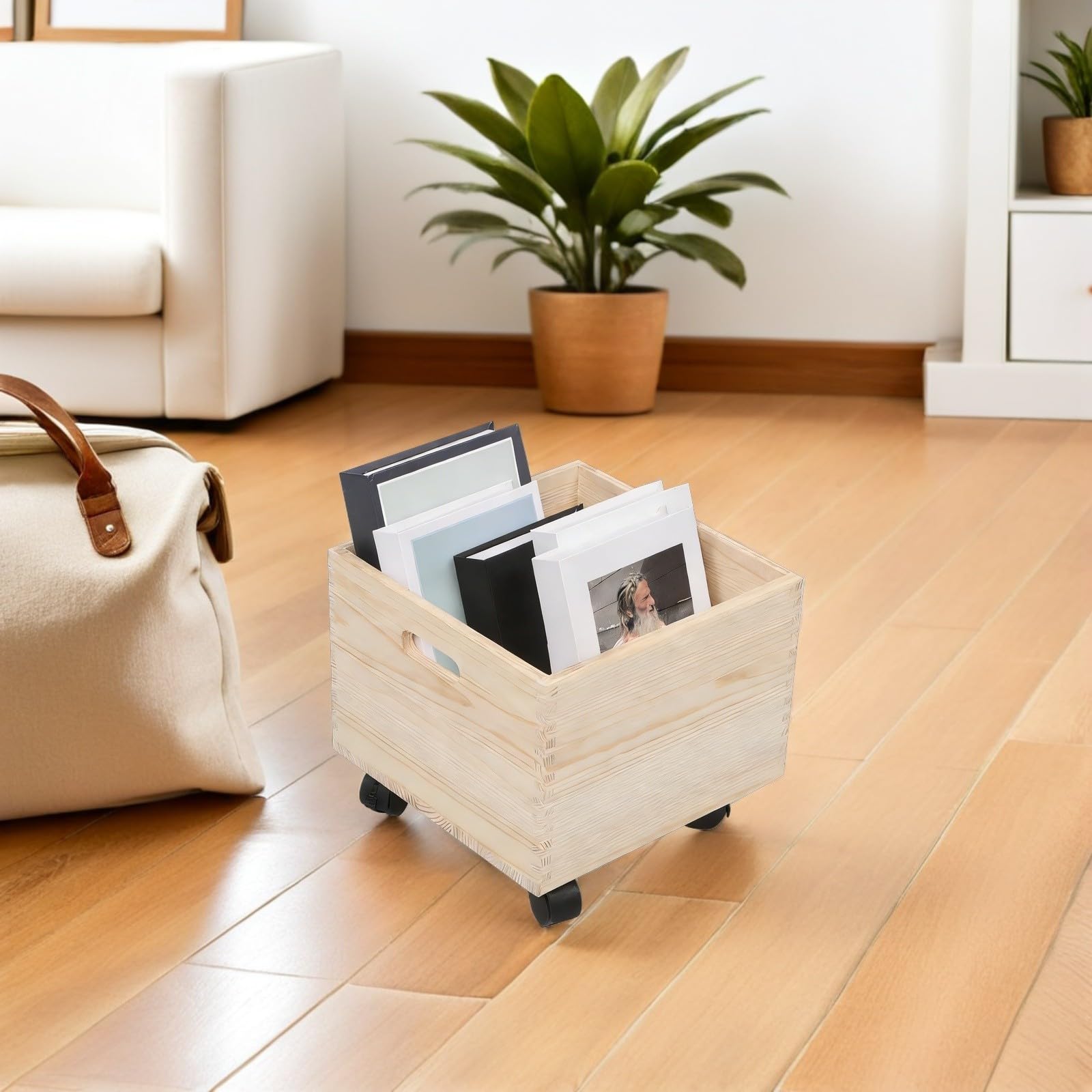 Ciieeo Cassa Porta Dischi Vinile in Legno Beige con Ruote, Contenitore Quadrato Rustico per Gestione Spazio e Uso Flessibile in Ambienti Studio e Dormitorio