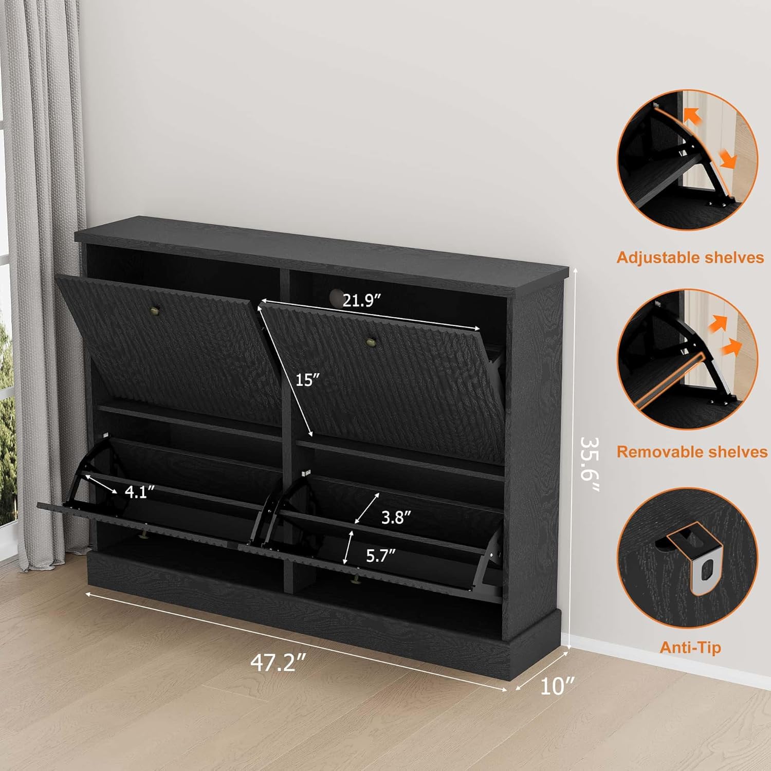 GarveeHome Shoe Cabinet with 4 Flip Drawers, Hidden Wooden Fluted Shoe Cabinet with Adjustable Shelf, Freestanding Shoe Storage Cabinet for Entryway Hallway, Living Room, Black