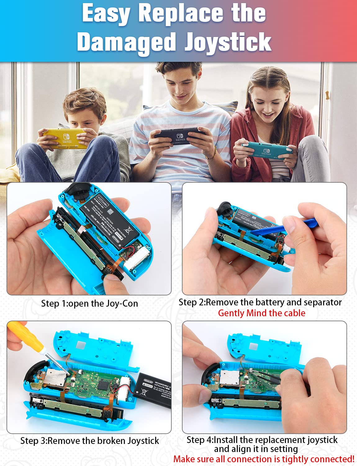 Joycon Joystick Replacement, 33 PCS Joycon Repair Kit, 4 Pack Joystick Analog Sticks Left/Right Thumb Sticks for Nintendo Switch Joy Con Controller, NS Repair Tool with Thumbstick Grips & Screws