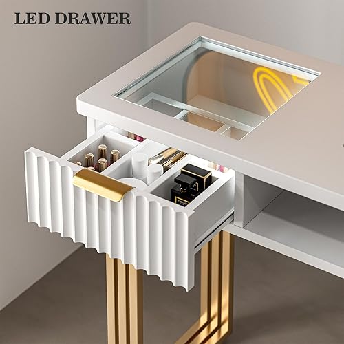 Miniatura 8 de Paddie Mesa de manicura para tecnología de uñas con colector de polvo, estación de escritorio de uñas con 4 cajones y luces LED, estación de trabajo