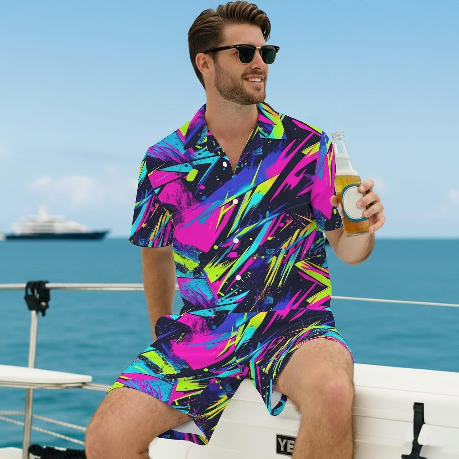HUGLAZY Mens Funny Hawaiian Shirt and Shorts Bigfoot Duck Alien Print 2 Piece Outfit Beach Party Summer Set
