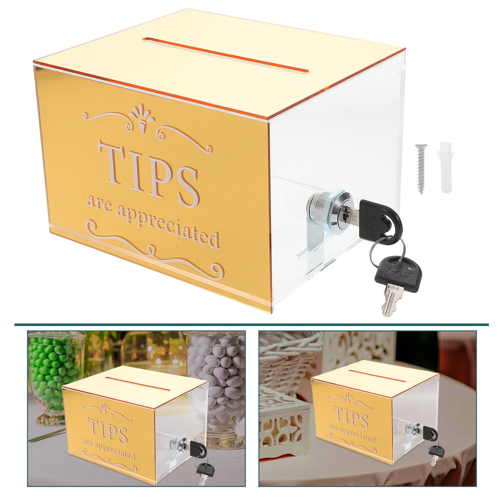Housoutil Caja de Donaciones Diseño Versátil y Resistente con Cerradura de Acrílico Dorado Buzón Seguro para Propinas para Restaurantes y Eventos