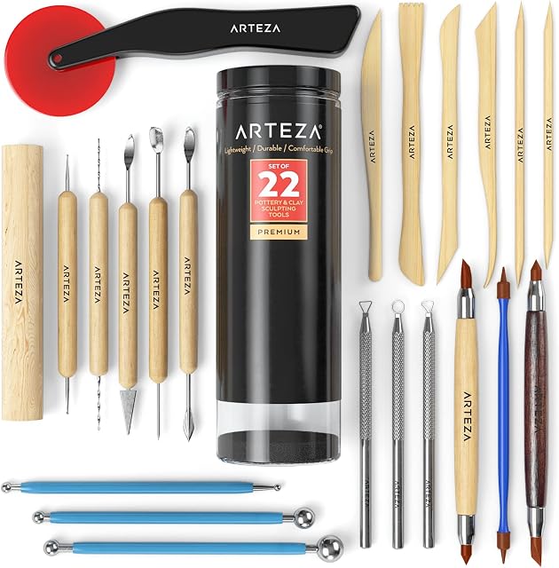 Arteza Pottery Tools & Clay Sculpting Tools, Set of 22 Pieces in PET Storage Tube, for Clay, Pottery, Ceramics Artwork & Holiday Crafts