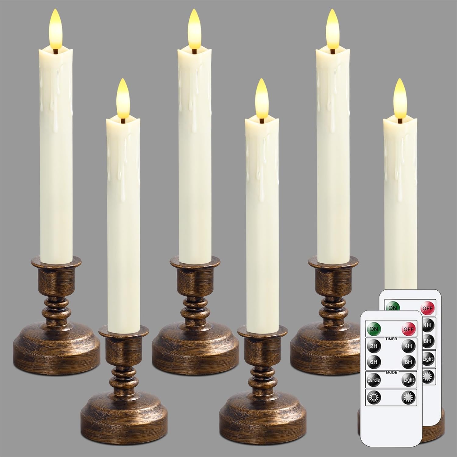 LED Window Candles with Holders and Remote Controls, Ivory Flameless Battery Operated Fake Taper Pack of 6 Candles with Timer Function (Gold Holder)