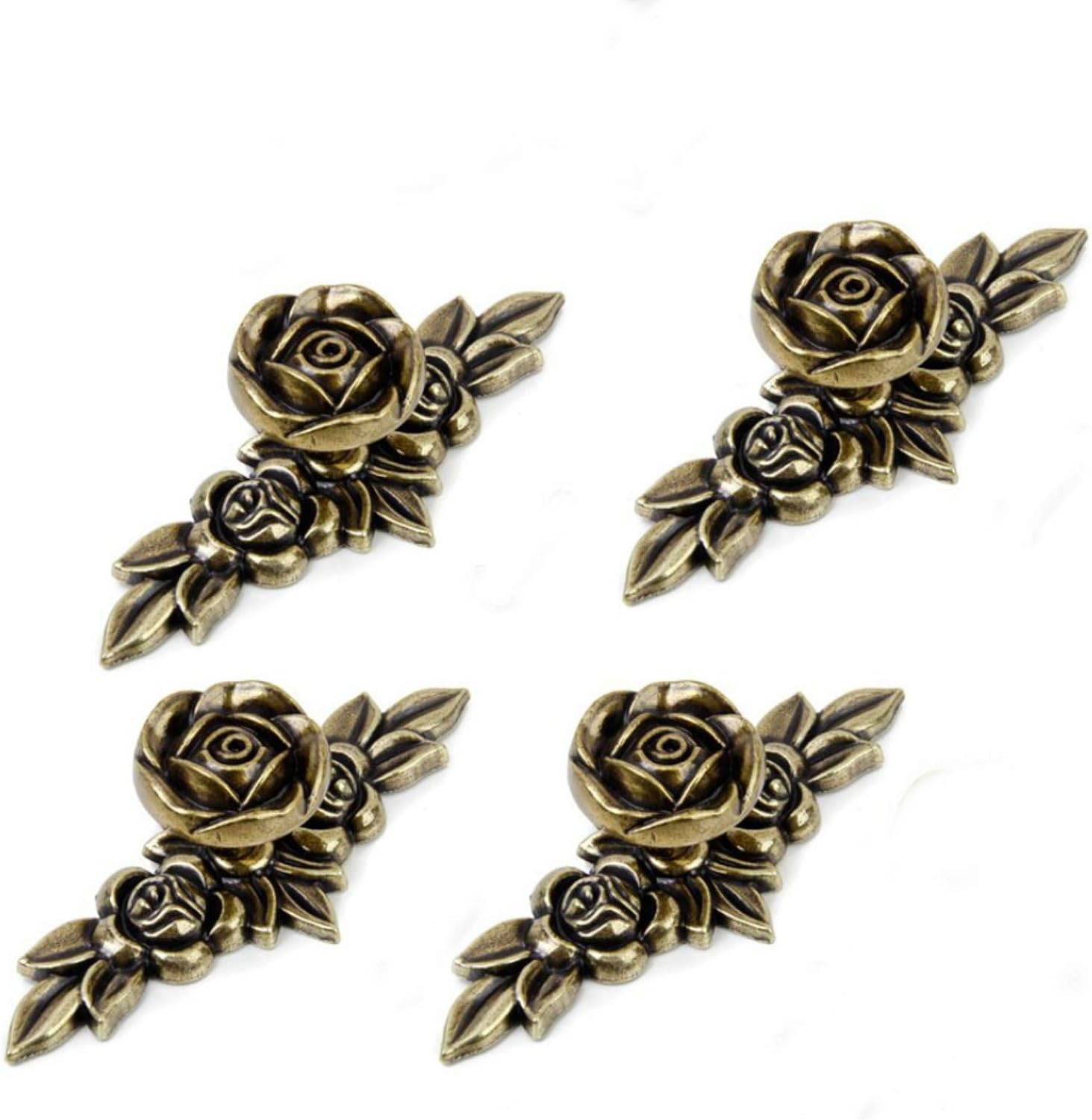 Antique Euro Rose Cabinet Knobs with Backplate, 4.0'' Length Shabby Chic Kitchen Zinc Alloy Flower Drawer Pull Handles for Dresser Vanity Nightstand Cupboard Wardrobe, 4 Pack (Bronze)