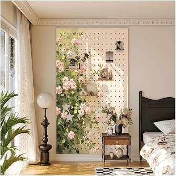 LXHELIVERY Floral Art Pegboard Wall Organizer, Customizable Solid Wood Wall Storage Panel with Shelves, Decorative Display Rack for Entryway, Living Room & Bedroom80X120 CM