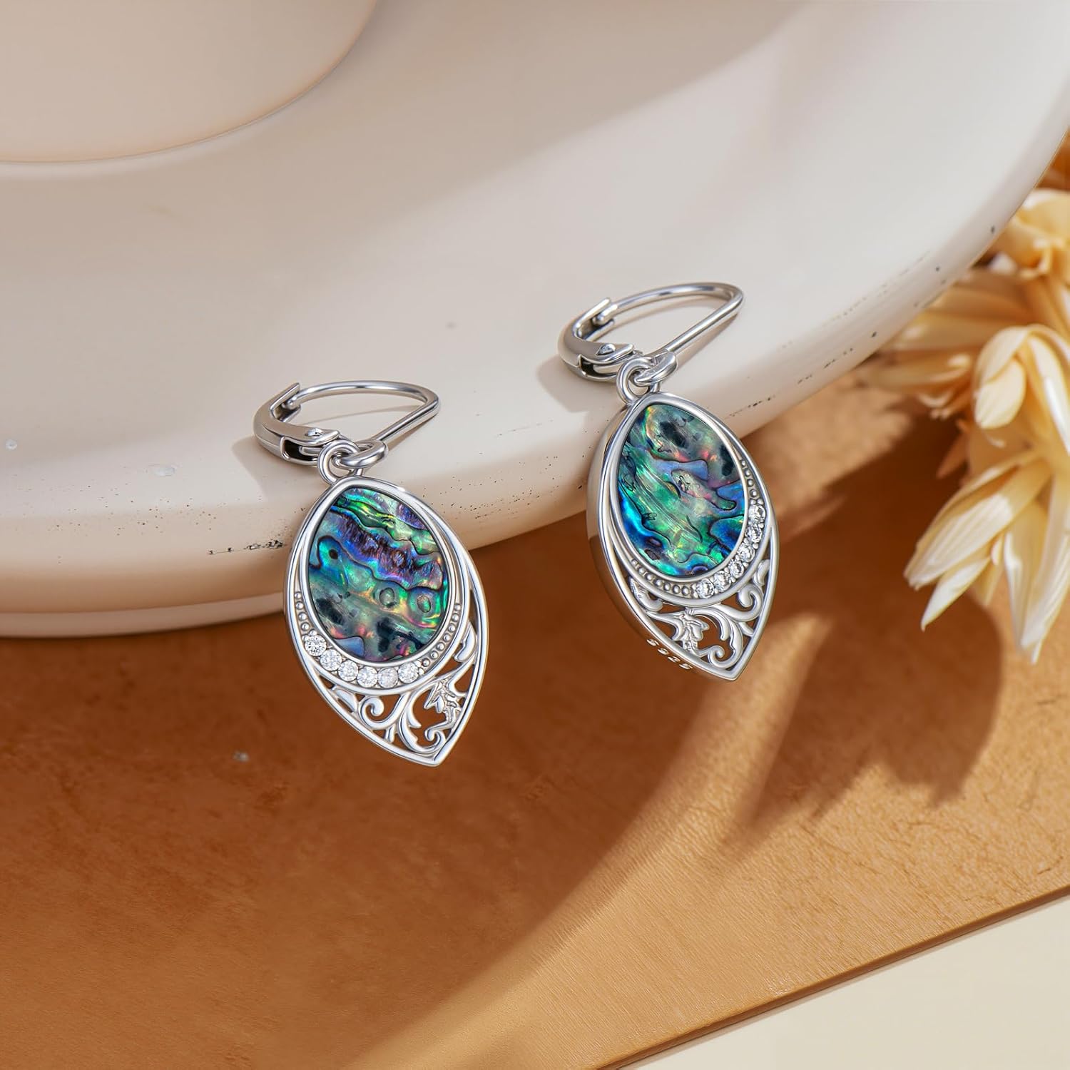 PROESS Filigree Teardrop Earrings S925 Sterling Silver Turquoise/Black Onyx/Peridot/Lapis Lazuli/Abalone Dangle Earrings Teardrop Jewelry for Women Mothers Day Birthday Christmas Gifts - Image 5